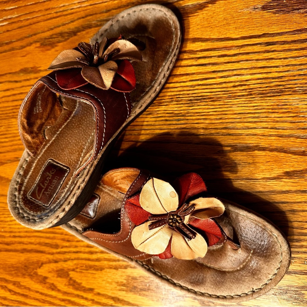 Clarks Tan Leather Floral Sandals